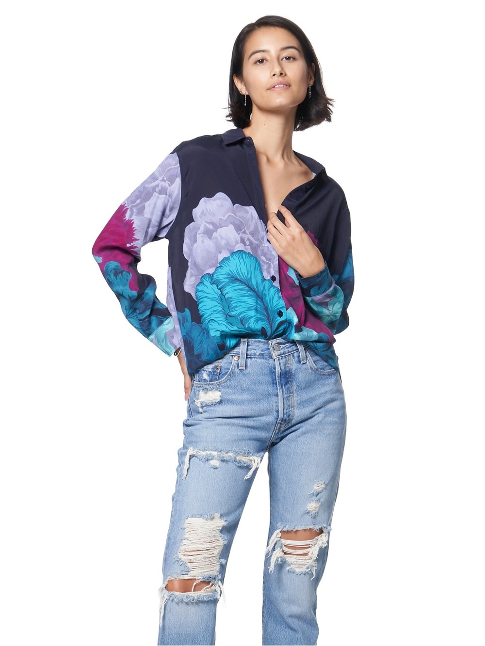 The Kit. Women's button up collared blouse printed viscose size medium